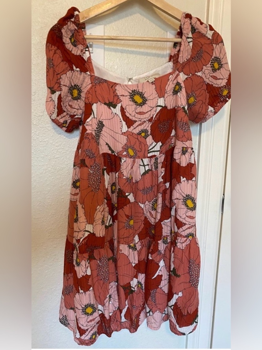 LOFT Floral Bloom Swing Dress Fall colors-Peach Orange Square Neck Mini Size 10